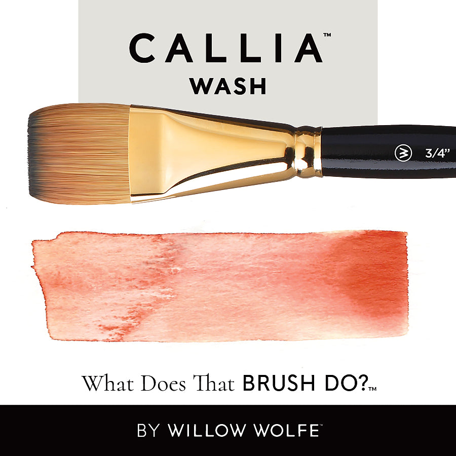 An image of a Callia Flat Wash paint brush with a stroke created in red beneath it to demonstrate what the brush can do.