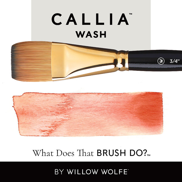 An image of a Callia Flat Wash paint brush with a stroke created in red beneath it to demonstrate what the brush can do.