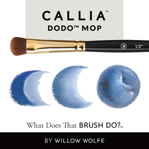 Image of a Callia Artist Brushes Dodo Mop over top of a painted picture of a blended blueberry. 