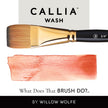 An image of a Callia Flat Wash paint brush with a stroke created in red beneath it to demonstrate what the brush can do. 