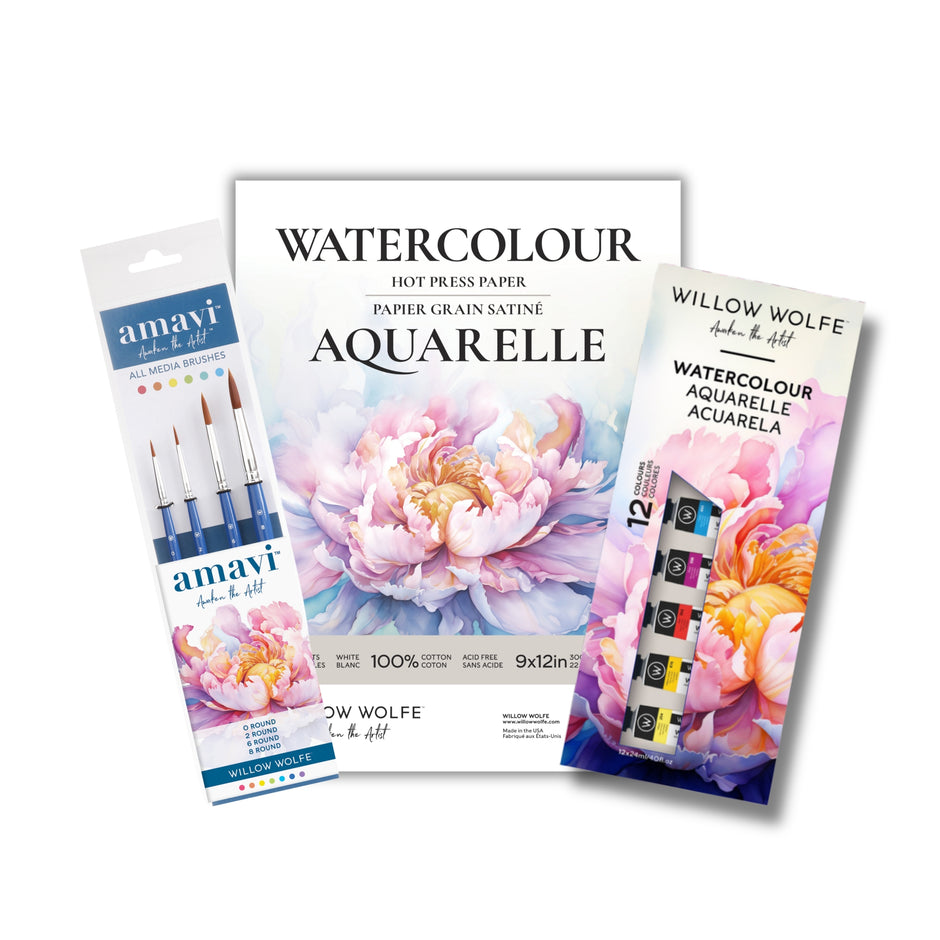 Watercolor Starter Bundle: Hot Press Watercolor Paper, Amavi Brush Set, Watercolor Paint Set