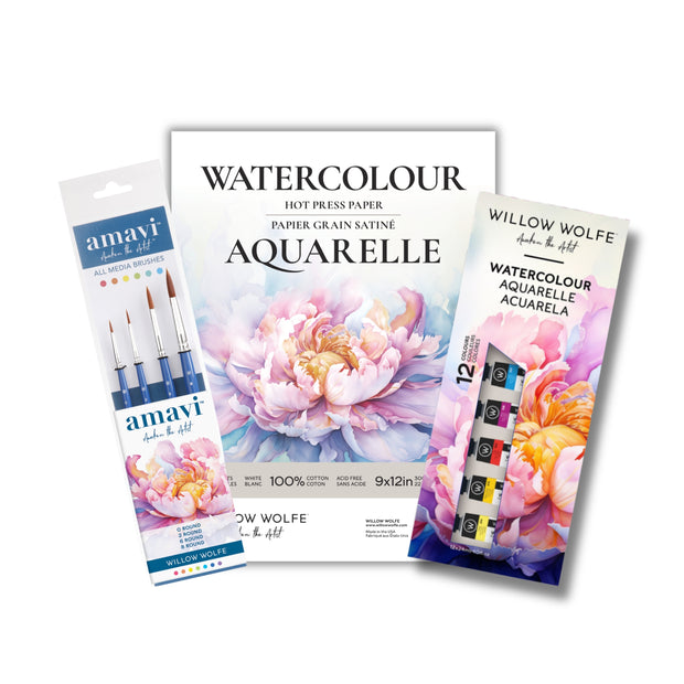 Watercolor Starter Bundle: Hot Press Watercolor Paper, Amavi Brush Set, Watercolor Paint Set