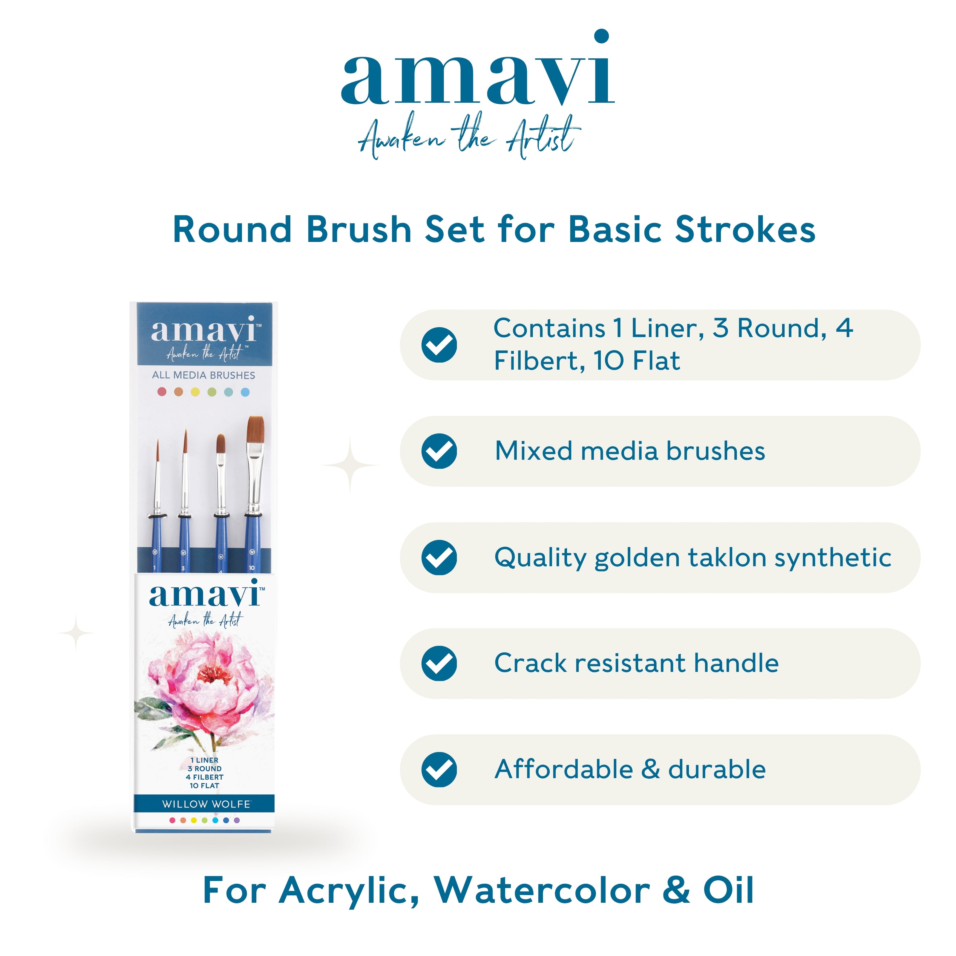 Amavi® Mixed Media Golden Taklon Brushes Set #6