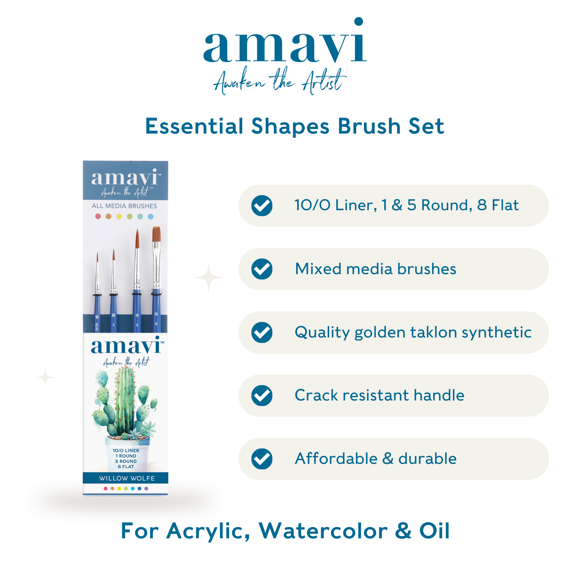 Amavi® Mixed Media Golden Taklon Brushes Set #2