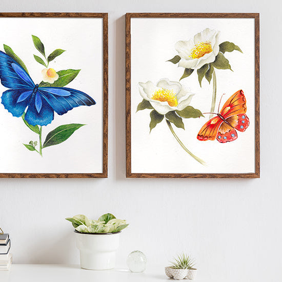 Two framed artworks of butterflies and flowers on a wall with plants and decor below.