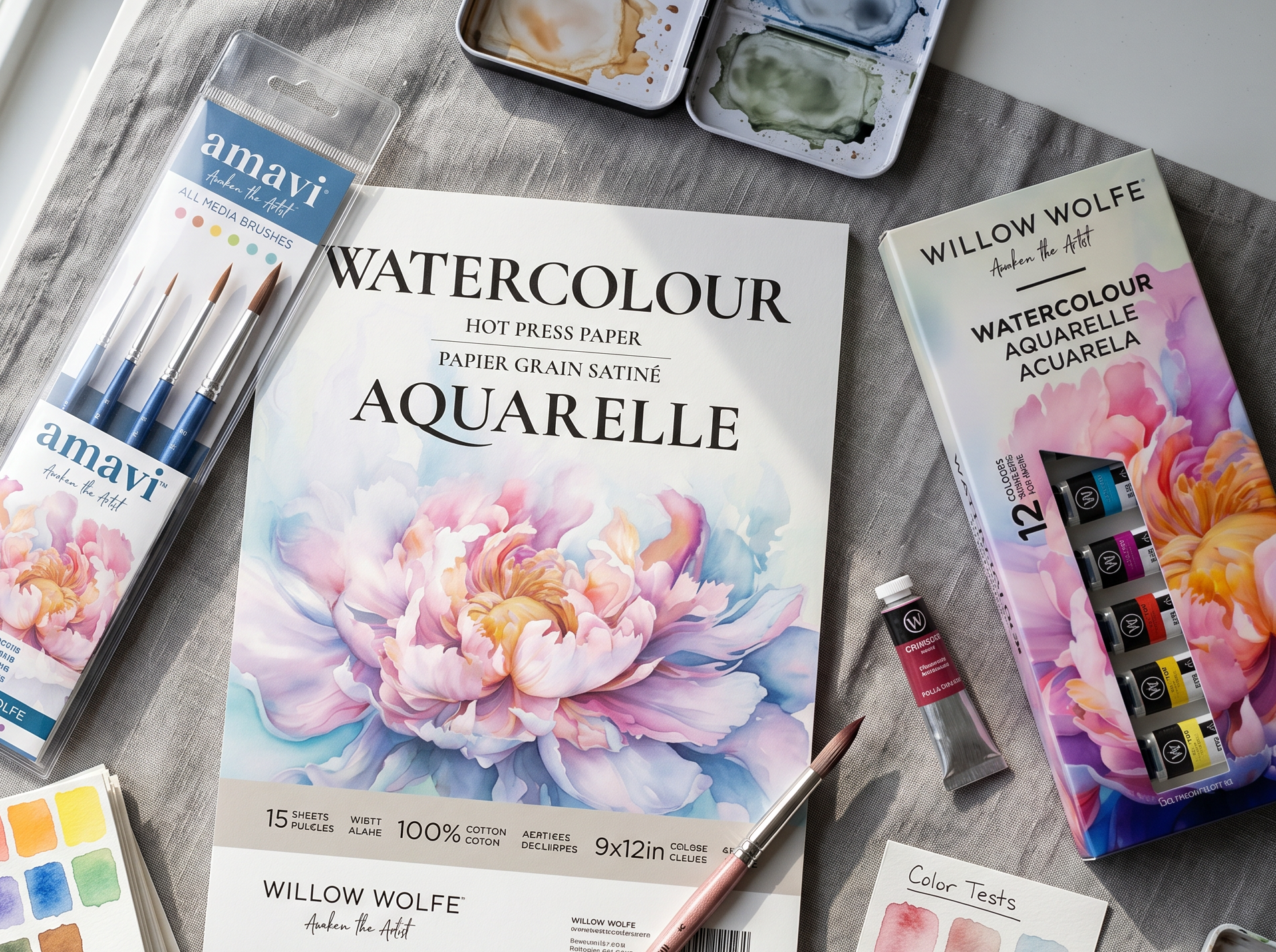 Watercolor Starter Bundle: Hot Press Watercolor Paper, Amavi Brush Set, Watercolor Paint Set