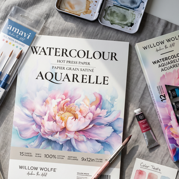 Watercolor Starter Bundle: Hot Press Watercolor Paper, Amavi Brush Set, Watercolor Paint Set