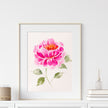 Framed artwork of a pink flower on a white wall