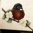 Illustration of a bird on a branch with flowers on a textured beige background