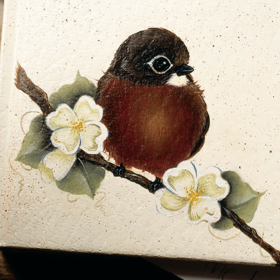 Illustration of a bird on a branch with flowers on a textured beige background