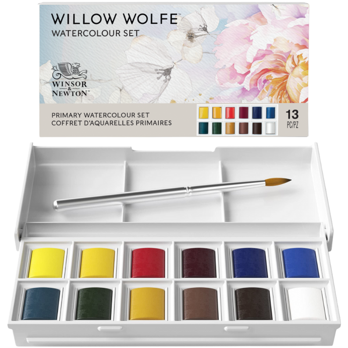 Winsor & Newton Willow Wolfe watercolour set with paint pots and a brush on a white background