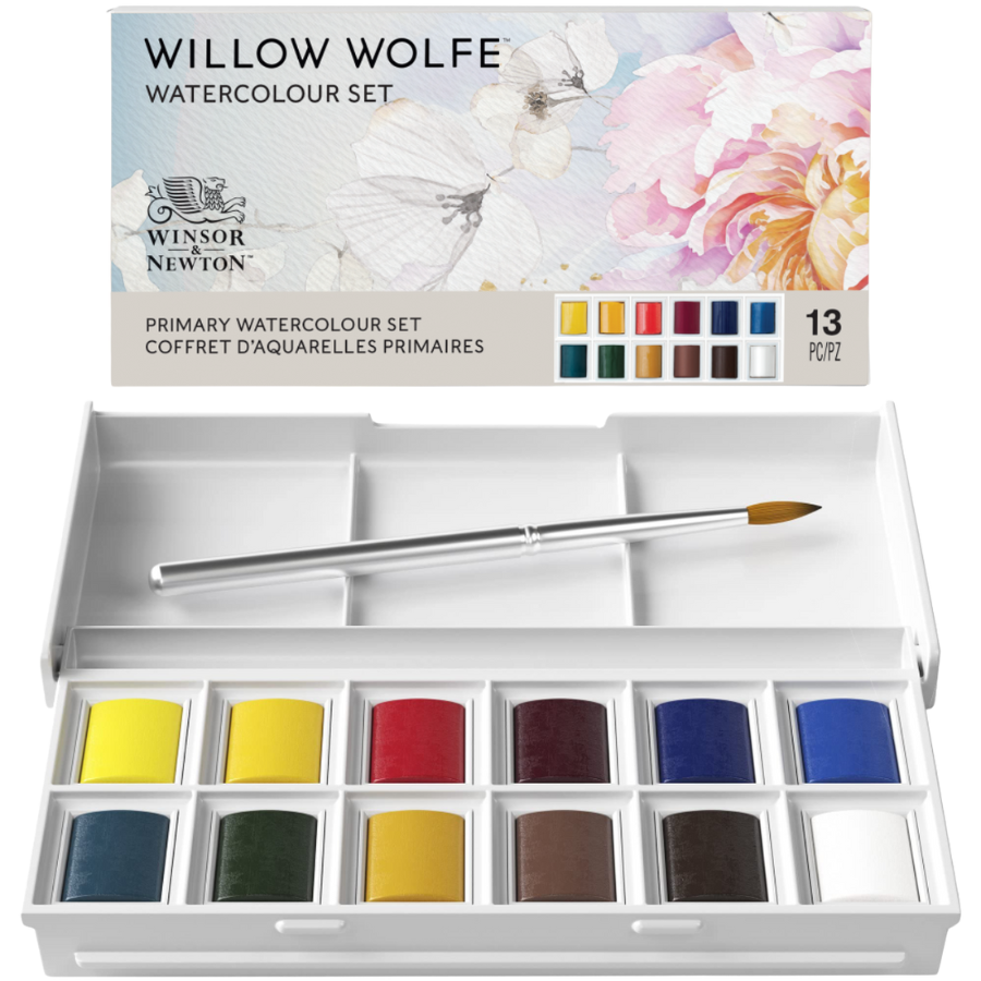 Winsor & Newton Willow Wolfe watercolour set with paint pots and a brush on a white background