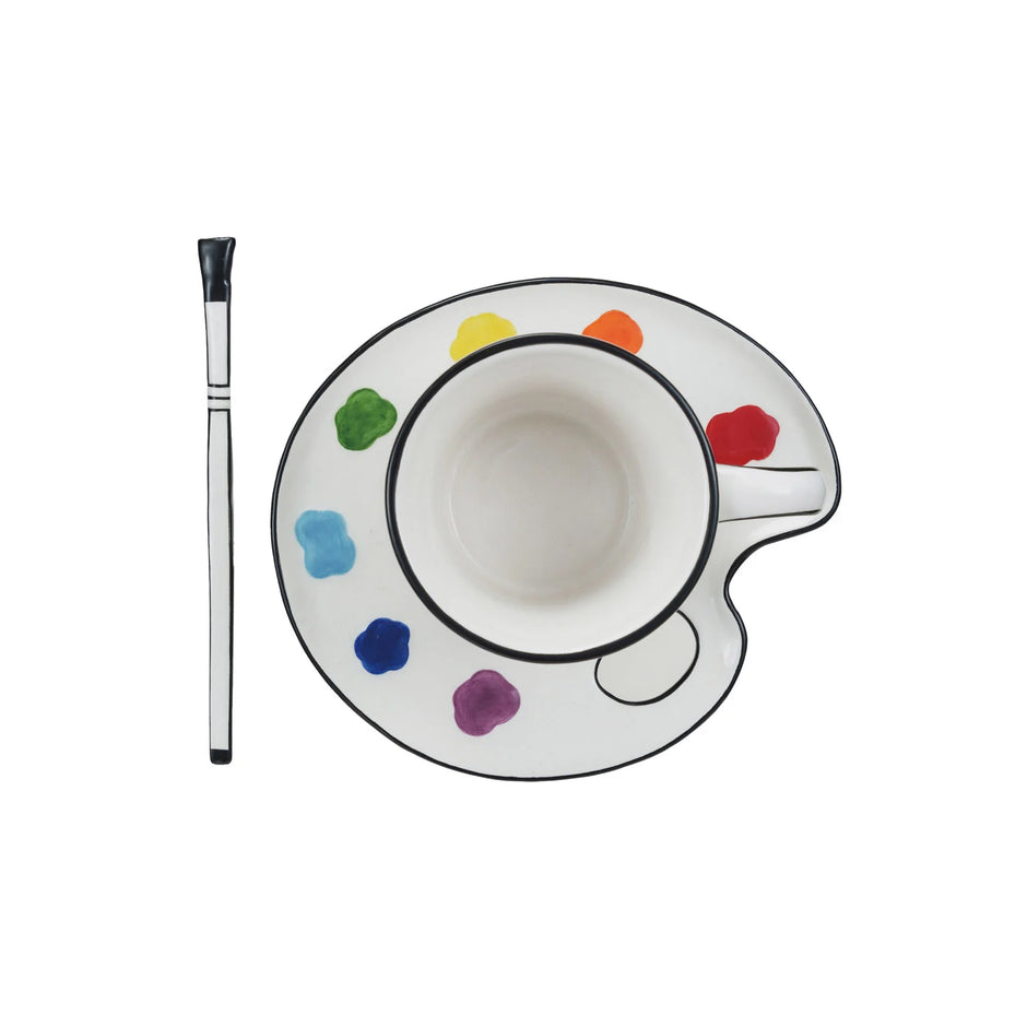 Ceramic Artist Cup, Palette Saucer & Stirring Brush
