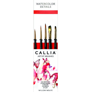 Callia Artist Brushes Watercolor Details Paint Brush Set by Willow Wolfe shows picture of watercolor painted butterflies and five paint brushes