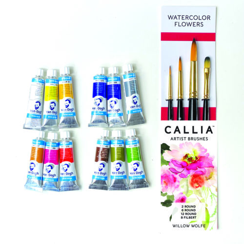 Willow's Watercolor Palette of 12 + Watercolor Flowers Brush Set