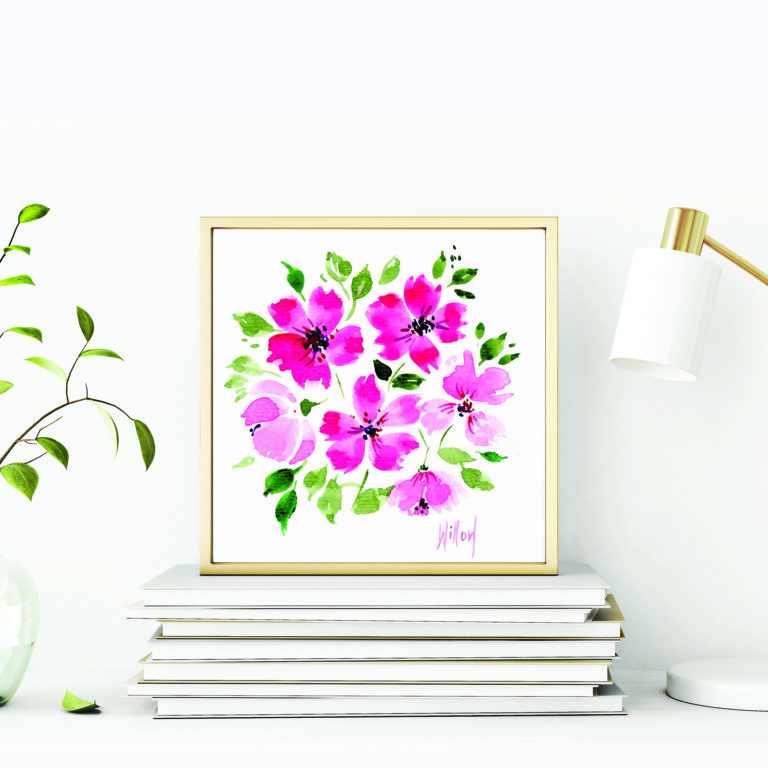 Interior poster mockup with square gold metal frame on pile of books, green tree branch in vase and desk lamp on empty white wall background.  3D rendering, illustration.