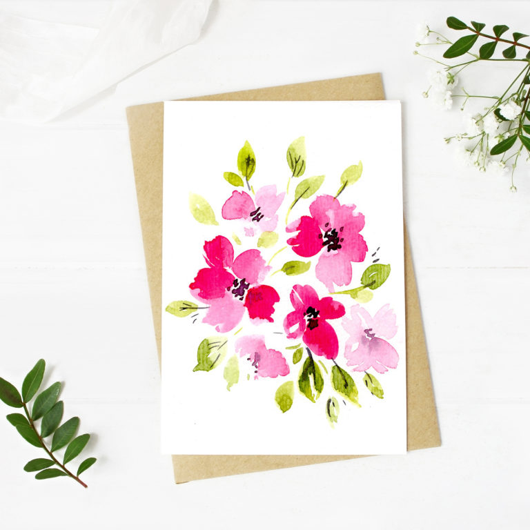 Feminine wedding stationery, desktop mock-up scene. Blank greeting card, craft envelope, baby's breath flowers, silk ribbon and lentisk branches, old white wooden table background. Flat lay, top view.