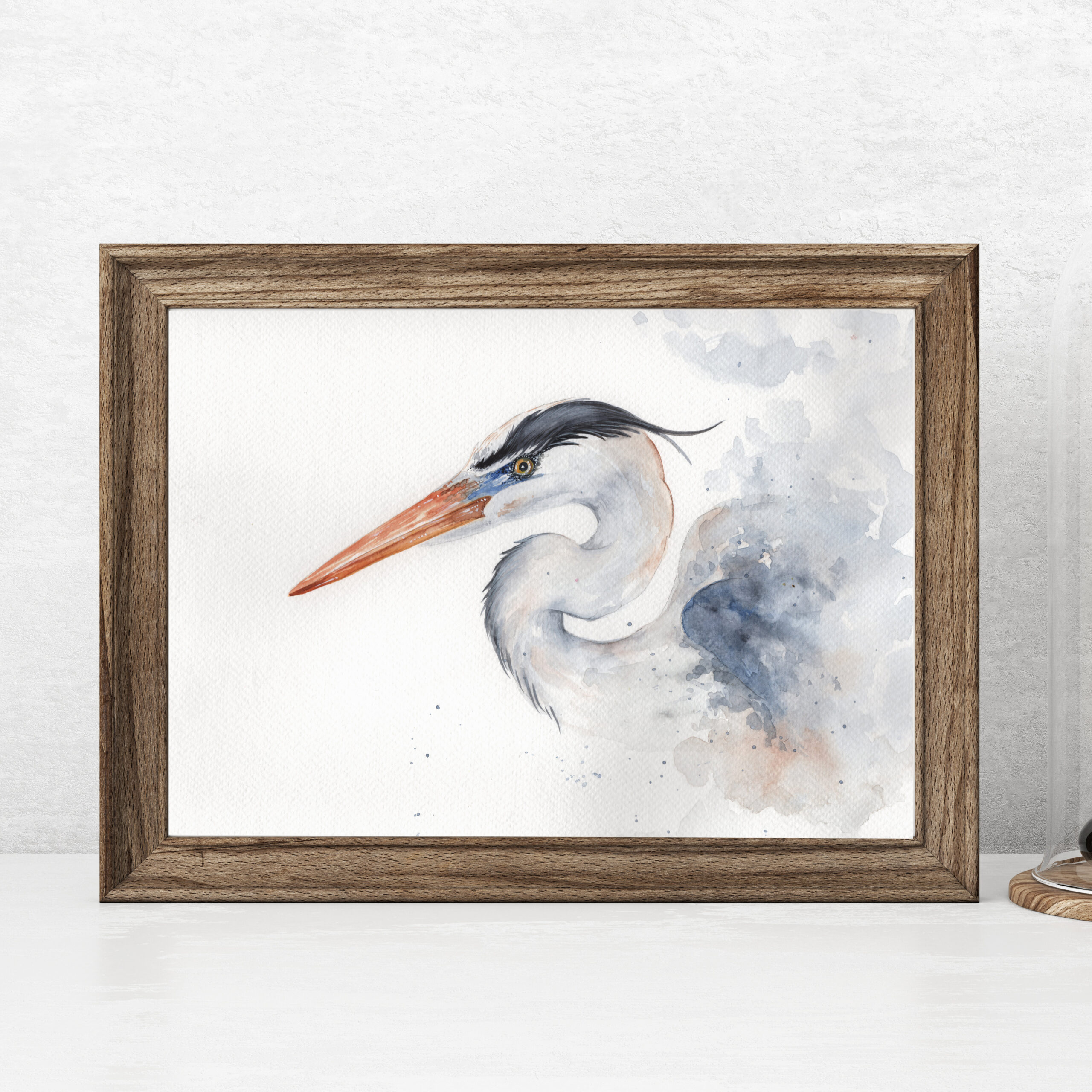 Horizontal vintage poster mockup with wooden frame, feather and twigs on empty white wall background. 3D rendering.