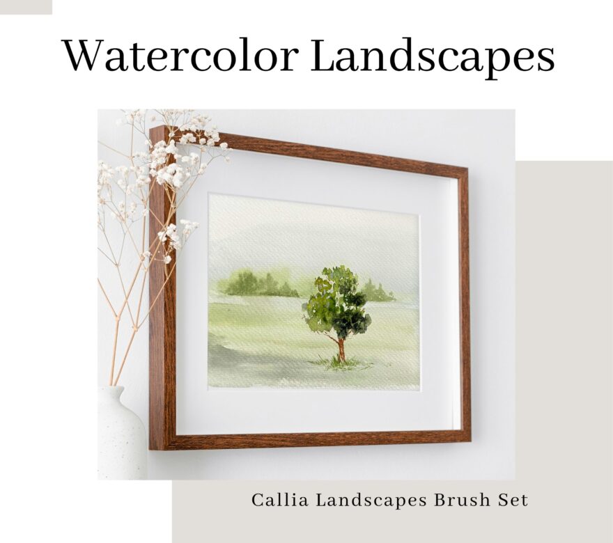 Framed watercolor landscape with tree